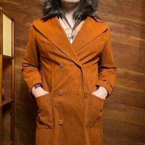 VINTAGE 70s Orange Trench Coat Size M Faux Suede Sports Double Breasted